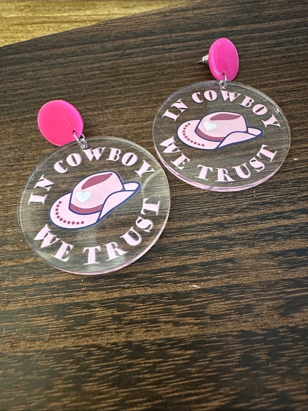 Pink 'In Cowboy We Trust' Statement Earrings
